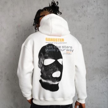 Erkek Maske Baskılı 3 iplik pamuklu Kapüşonlu Sweatshirt hoodie - Beyaz