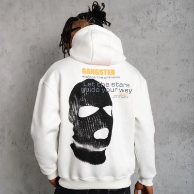 Erkek Maske Baskılı 3 iplik pamuklu Kapüşonlu Sweatshirt hoodie - Beyaz
