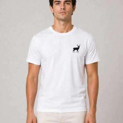 Erkek Minimal Geyik Logolu Tişört Bisiklet Yaka Kısa kol Yazlık T-Shirt - Beyaz