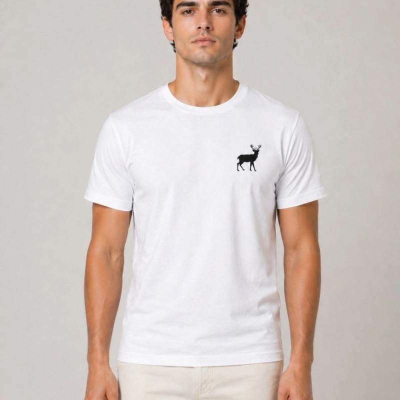 Erkek Minimal Geyik Logolu Tişört Bisiklet Yaka Kısa kol Yazlık T-Shirt - Beyaz