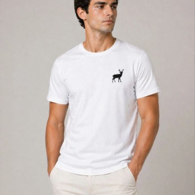 Erkek Minimal Geyik Logolu Tişört Bisiklet Yaka Kısa kol Yazlık T-Shirt - Beyaz