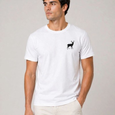 Erkek Minimal Geyik Logolu Tişört Bisiklet Yaka Kısa kol Yazlık T-Shirt - Beyaz