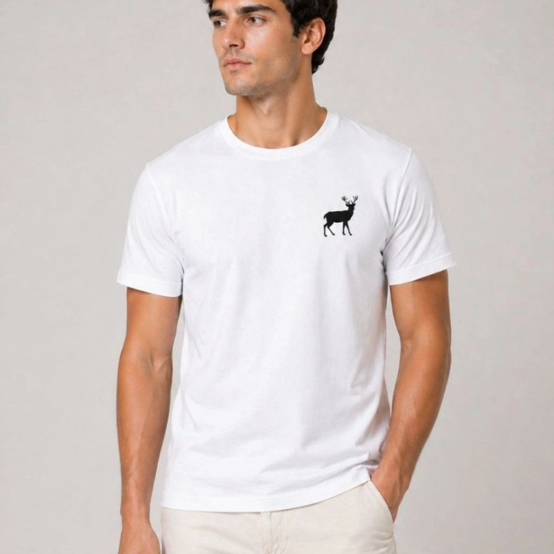 Erkek Minimal Geyik Logolu Tişört Bisiklet Yaka Kısa kol Yazlık T-Shirt - Beyaz
