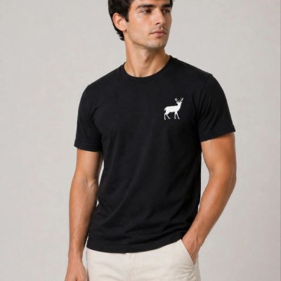 Erkek Minimal Geyik Logolu Tişört Bisiklet Yaka Kısa kol Yazlık T-Shirt - Siyah