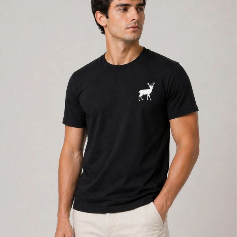 Erkek Minimal Geyik Logolu Tişört Bisiklet Yaka Kısa kol Yazlık T-Shirt - Siyah