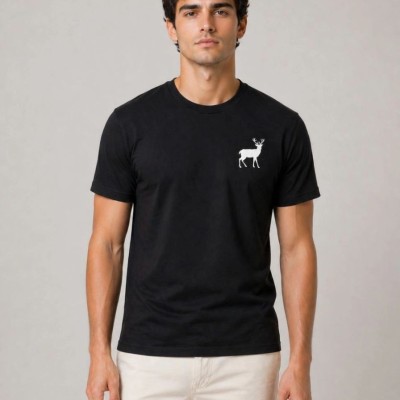 Erkek Minimal Geyik Logolu Tişört Bisiklet Yaka Kısa kol Yazlık T-Shirt - Siyah