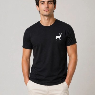 Erkek Minimal Geyik Logolu Tişört Bisiklet Yaka Kısa kol Yazlık T-Shirt - Siyah