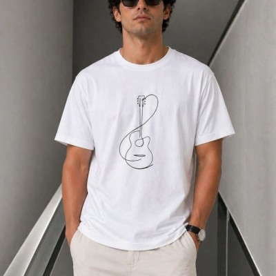 Erkek Minimal Gitar Baskılı Tişört T-Shirt Yazlık Kısa Kol Bisiklet Yaka T-Shirt - Beyaz