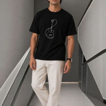 Erkek Minimal Gitar Baskılı Tişört T-Shirt Yazlık Kısa Kol Bisiklet Yaka T-Shirt - Siyah
