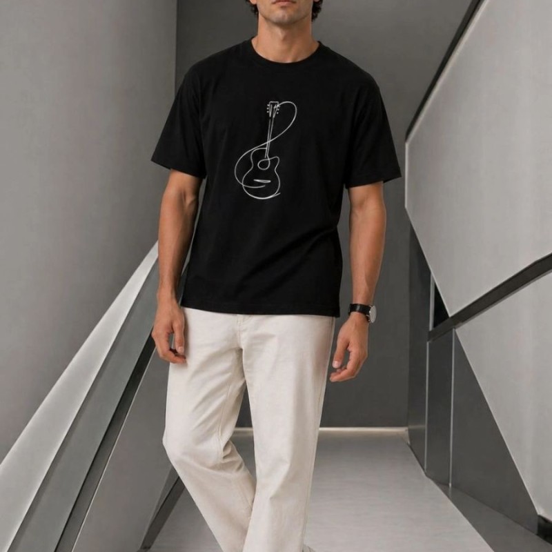 Erkek Minimal Gitar Baskılı Tişört T-Shirt Yazlık Kısa Kol Bisiklet Yaka T-Shirt - Siyah