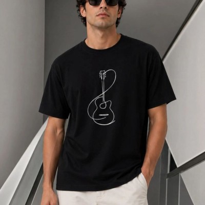 Erkek Minimal Gitar Baskılı Tişört T-Shirt Yazlık Kısa Kol Bisiklet Yaka T-Shirt - Siyah