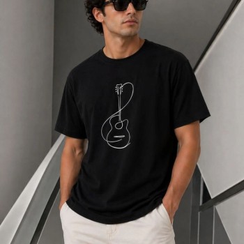 Erkek Minimal Gitar Baskılı Tişört T-Shirt Yazlık Kısa Kol Bisiklet Yaka T-Shirt - Siyah