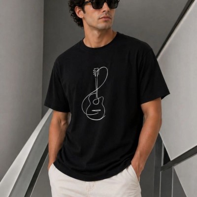 Erkek Minimal Gitar Baskılı Tişört T-Shirt Yazlık Kısa Kol Bisiklet Yaka T-Shirt - Siyah