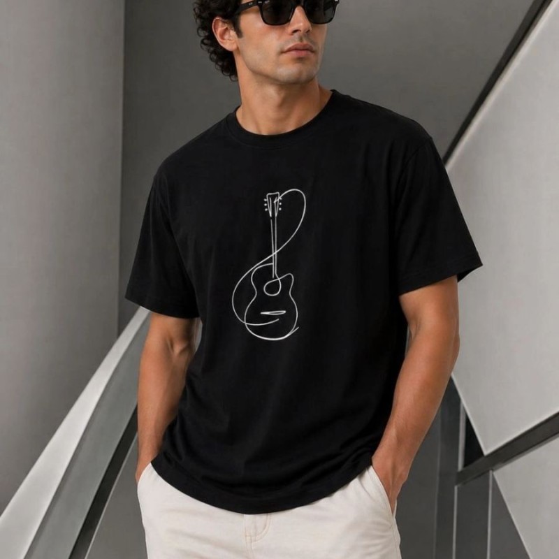 Erkek Minimal Gitar Baskılı Tişört T-Shirt Yazlık Kısa Kol Bisiklet Yaka T-Shirt - Siyah