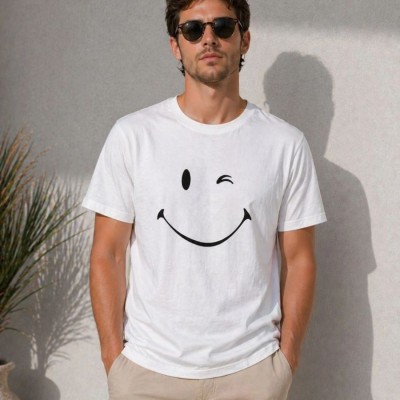 Erkek Minimal Gülümseyen Yüz Baskılı Tişört Kısa Kol Yazlık T-Shirt - Beyaz