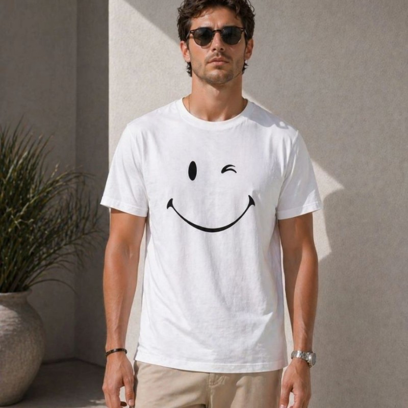 Erkek Minimal Gülümseyen Yüz Baskılı Tişört Kısa Kol Yazlık T-Shirt - Beyaz