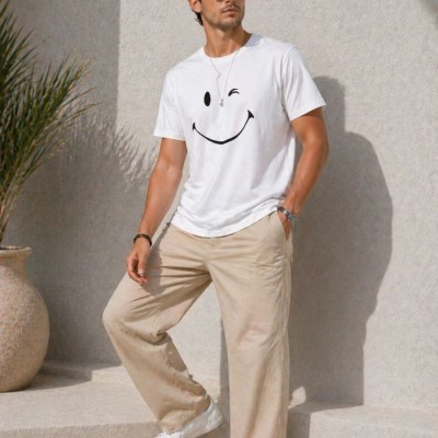 Erkek Minimal Gülümseyen Yüz Baskılı Tişört Kısa Kol Yazlık T-Shirt - Beyaz