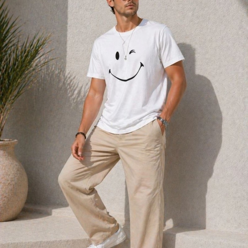 Erkek Minimal Gülümseyen Yüz Baskılı Tişört Kısa Kol Yazlık T-Shirt - Beyaz