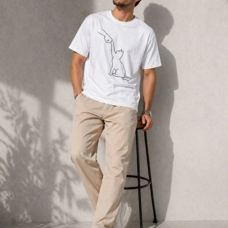 Erkek Minimal Kedi Çizim Baskılı Tişört Kısa Kol Yazlık T-Shirt - Beyaz