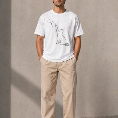 Erkek Minimal Kedi Çizim Baskılı Tişört Kısa Kol Yazlık T-Shirt - Beyaz
