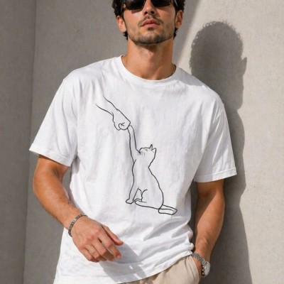 Erkek Minimal Kedi Çizim Baskılı Tişört Kısa Kol Yazlık T-Shirt - Beyaz