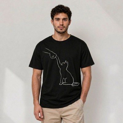 Erkek Minimal Kedi Çizim Baskılı Tişört Kısa Kol Yazlık T-Shirt - Siyah