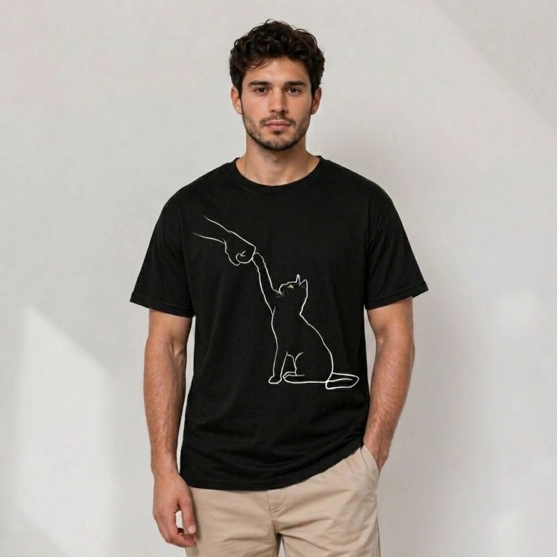 Erkek Minimal Kedi Çizim Baskılı Tişört Kısa Kol Yazlık T-Shirt - Siyah