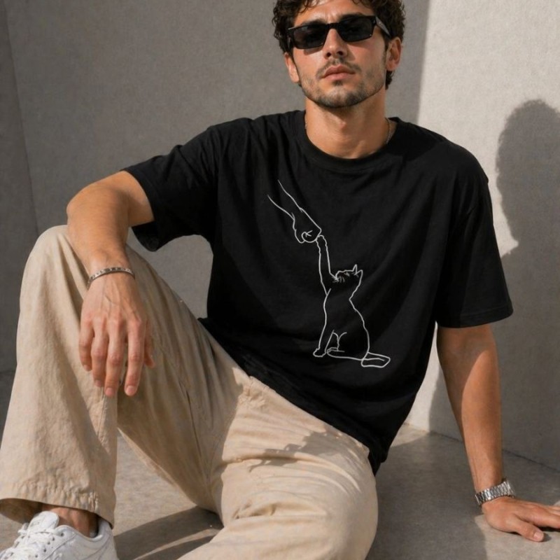 Erkek Minimal Kedi Çizim Baskılı Tişört Kısa Kol Yazlık T-Shirt - Siyah
