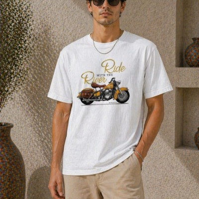 Erkek Motosiklet Baskılı Tişört Bisiklet Yaka Kısa Kol Yazlık T-Shirt - Beyaz