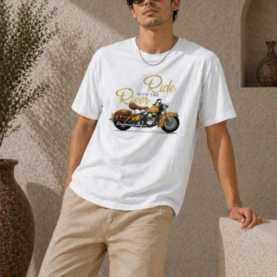 Erkek Motosiklet Baskılı Tişört Bisiklet Yaka Kısa Kol Yazlık T-Shirt - Beyaz