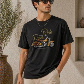 Erkek Motosiklet Baskılı Tişört Bisiklet Yaka Kısa Kol Yazlık T-Shirt - Siyah