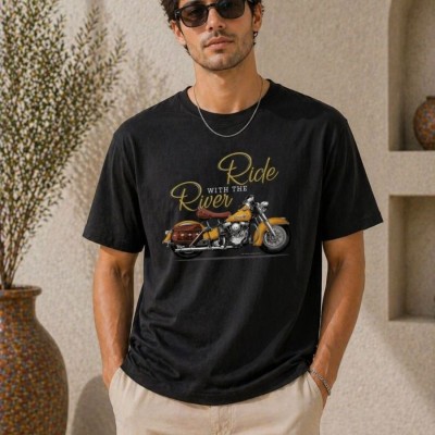 Erkek Motosiklet Baskılı Tişört Bisiklet Yaka Kısa Kol Yazlık T-Shirt - Siyah