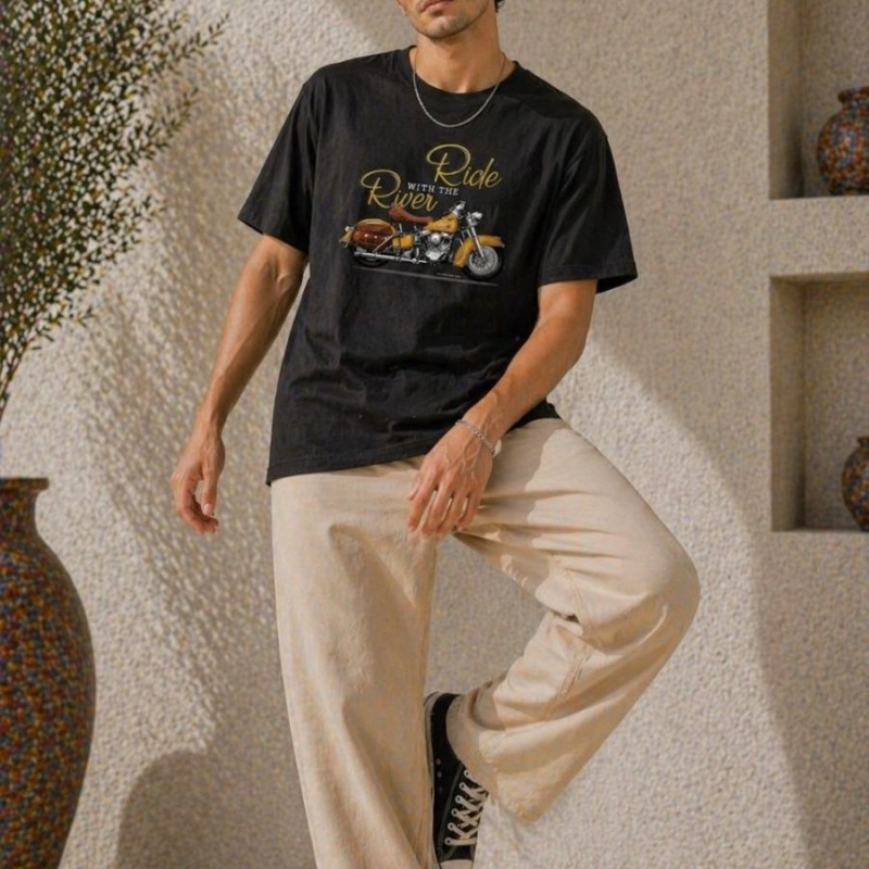 Erkek Motosiklet Baskılı Tişört Bisiklet Yaka Kısa Kol Yazlık T-Shirt - Siyah