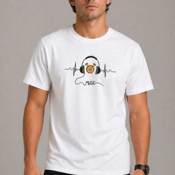 Erkek Müzik Temalı Baskılı Tişört Bisiklet Yaka Kısa Kol T-Shirt - Beyaz
