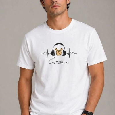 Erkek Müzik Temalı Baskılı Tişört Bisiklet Yaka Kısa Kol T-Shirt - Beyaz