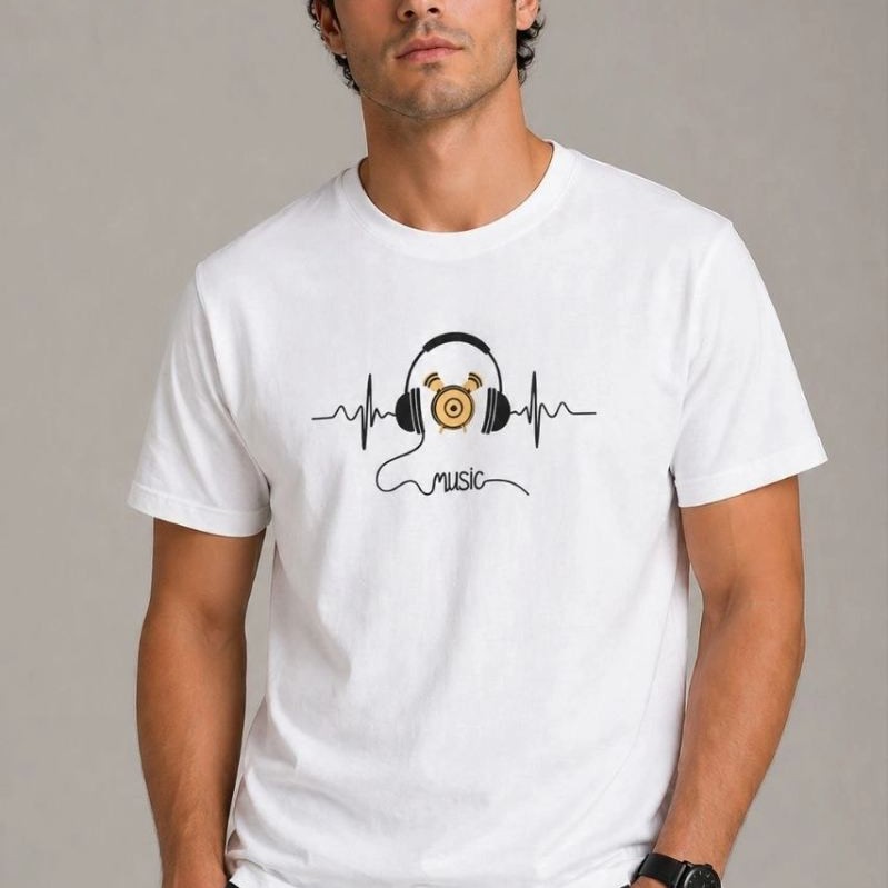 Erkek Müzik Temalı Baskılı Tişört Bisiklet Yaka Kısa Kol T-Shirt - Beyaz