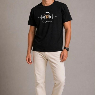 Erkek Müzik Temalı Baskılı Tişört Bisiklet Yaka Kısa Kol T-Shirt - Siyah