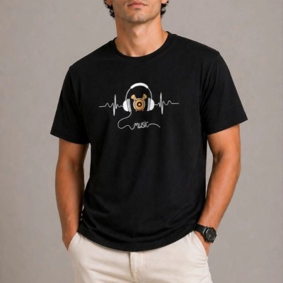 Erkek Müzik Temalı Baskılı Tişört Bisiklet Yaka Kısa Kol T-Shirt - Siyah