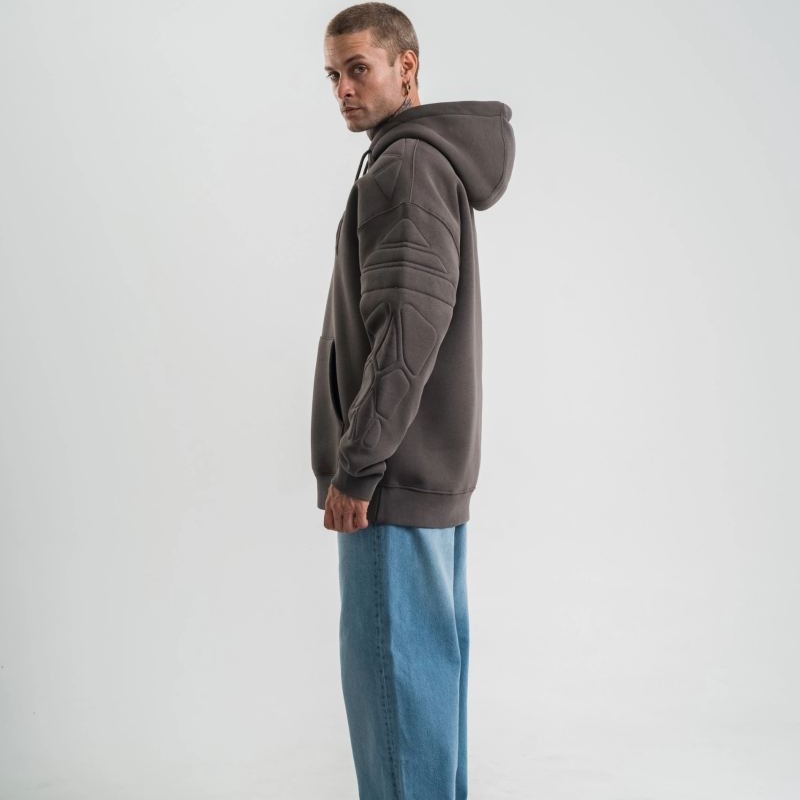 Erkek Nakışlı Kapüşonlu Oversize 3 İplik Pamuklu SweatShirt Hoodie - Füme