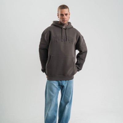 Erkek Nakışlı Kapüşonlu Oversize 3 İplik Pamuklu SweatShirt Hoodie - Füme