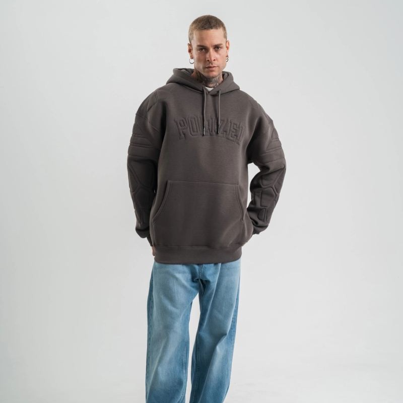 Erkek Nakışlı Kapüşonlu Oversize 3 İplik Pamuklu SweatShirt Hoodie - Füme