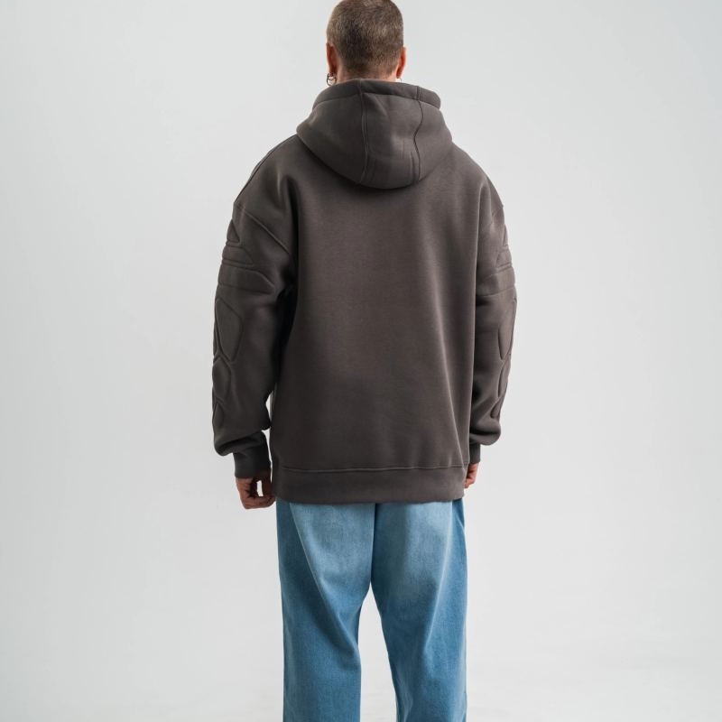 Erkek Nakışlı Kapüşonlu Oversize 3 İplik Pamuklu SweatShirt Hoodie - Füme