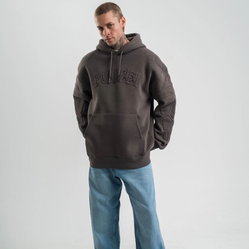 Erkek Nakışlı Kapüşonlu Oversize 3 İplik Pamuklu SweatShirt Hoodie - Füme