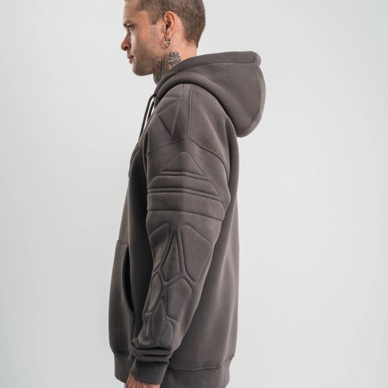 Erkek Nakışlı Kapüşonlu Oversize 3 İplik Pamuklu SweatShirt Hoodie - Füme