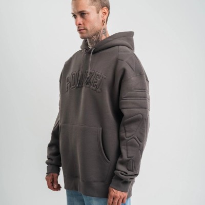 Erkek Nakışlı Kapüşonlu Oversize 3 İplik Pamuklu SweatShirt Hoodie - Füme