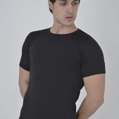 Erkek Omuz Fileli T-Shirt Kısa Kol Bisiklet Yaka Slimfit Tişört   - Siyah