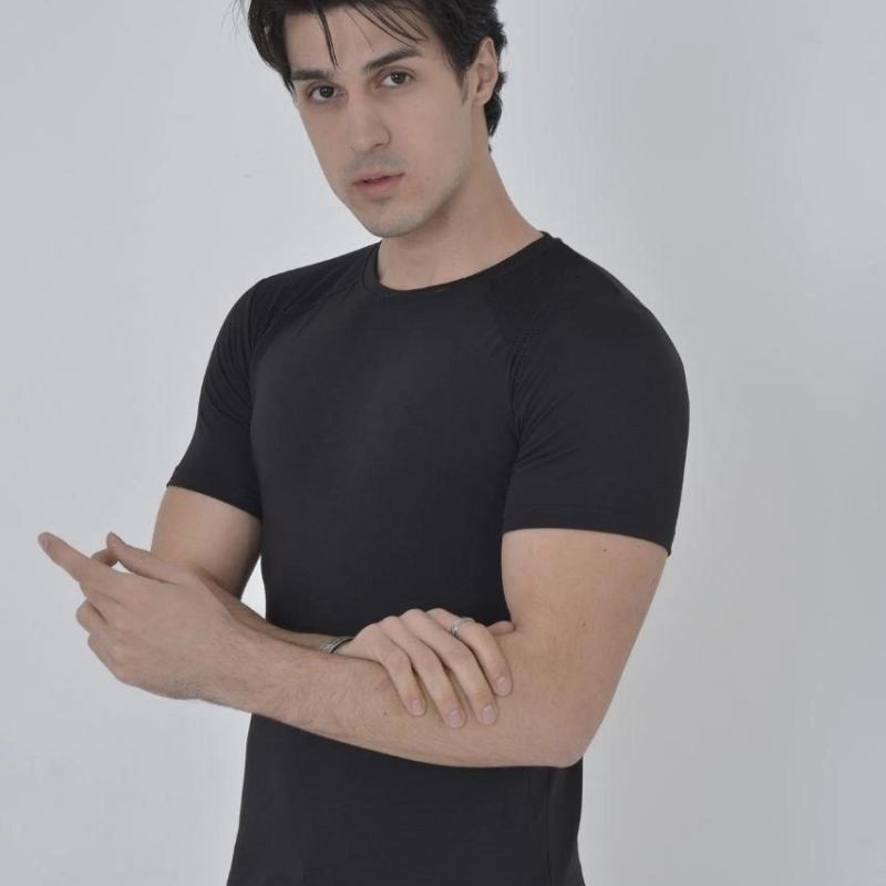 Erkek Omuz Fileli T-Shirt Kısa Kol Bisiklet Yaka Slimfit Tişört   - Siyah