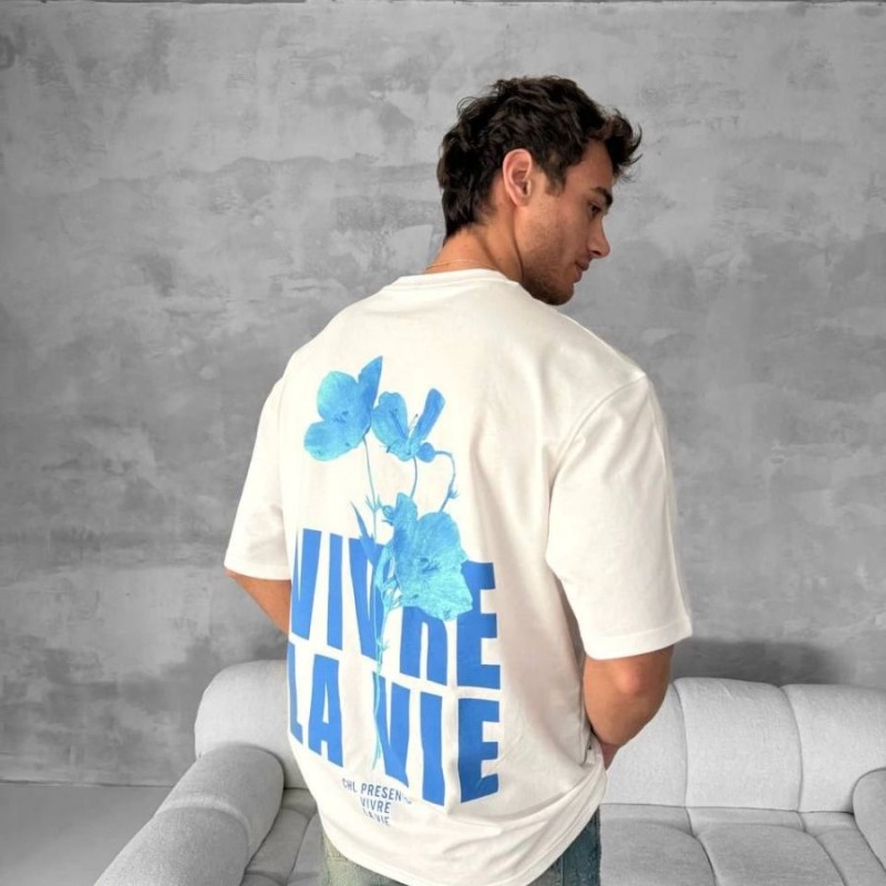 Erkek Ön ve Arka Baskılı T-Shirt Kısa Kol Bisiklet Yaka Regular Fit Tişört - Beyaz