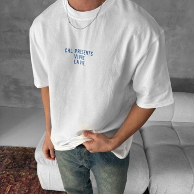 Erkek Ön ve Arka Baskılı T-Shirt Kısa Kol Bisiklet Yaka Regular Fit Tişört - Beyaz