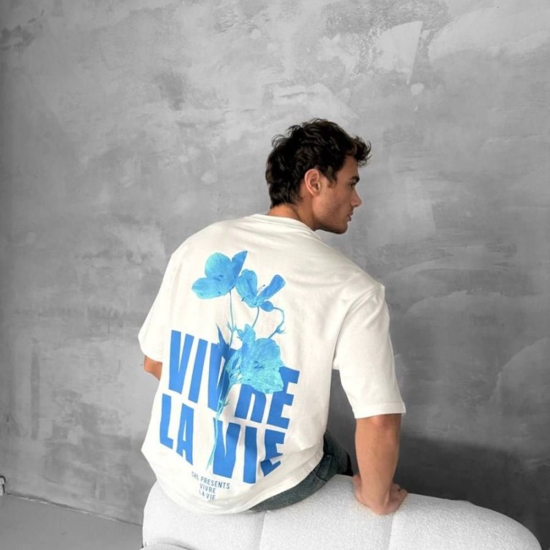 Erkek Ön ve Arka Baskılı T-Shirt Kısa Kol Bisiklet Yaka Regular Fit Tişört - Beyaz